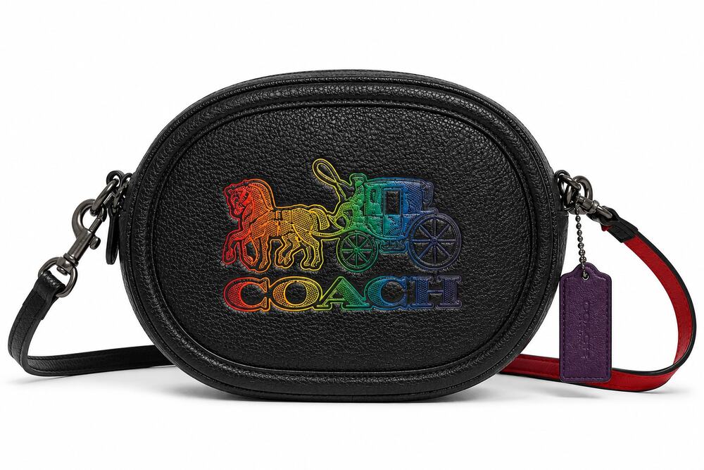 Coach C6803 Rainbow Horse & Carriage Oval Camera Crossbody Bag Black Leather